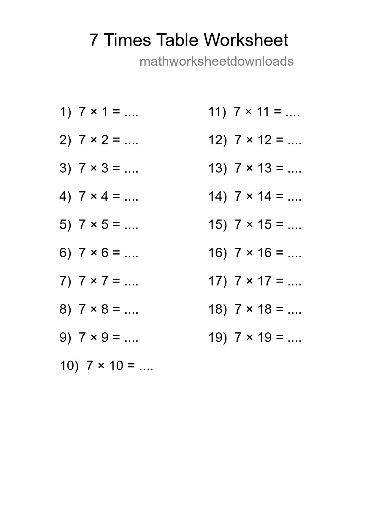 Printable 7 Times Table Worksheet For Grade 3 - Part 42