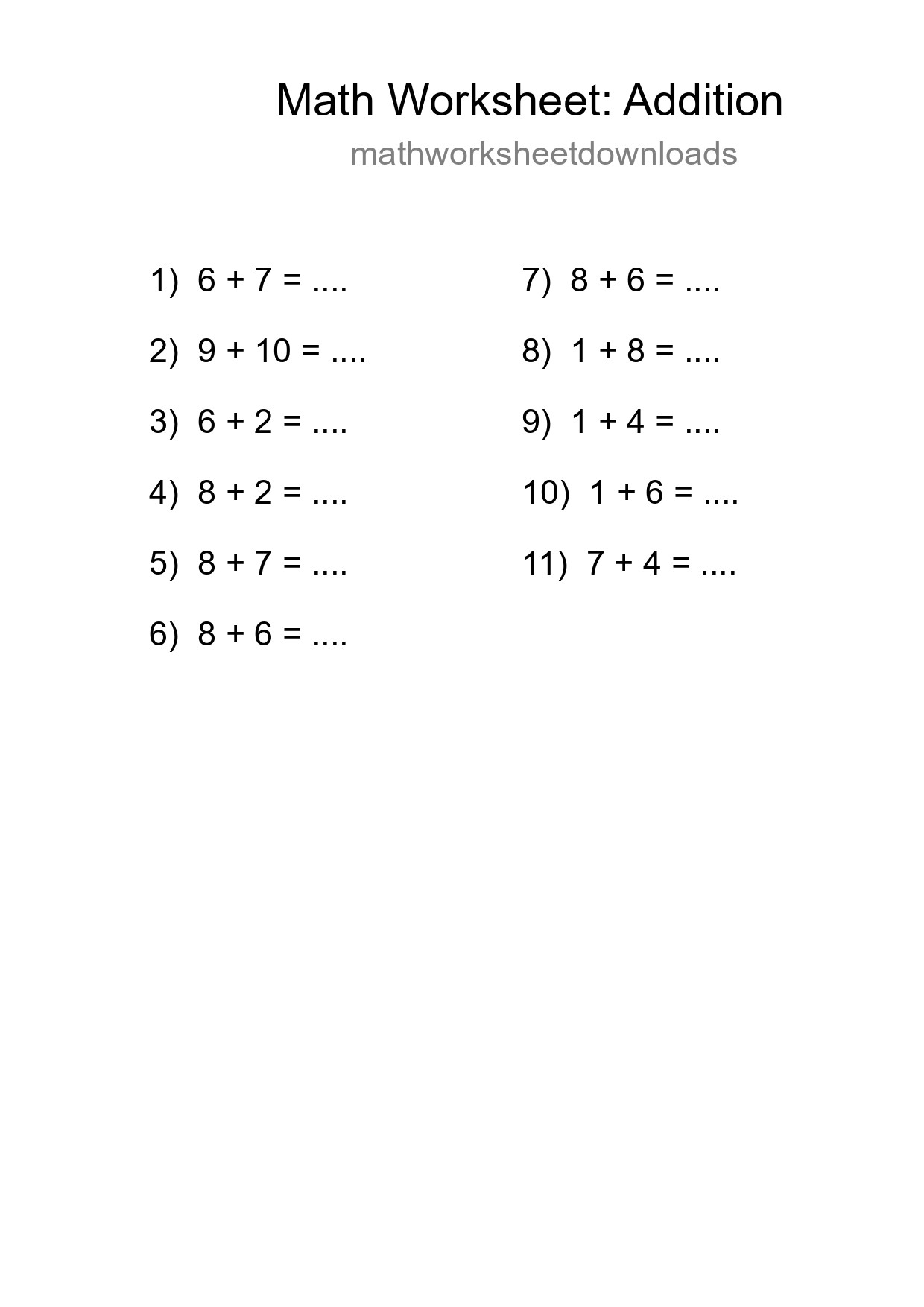 Printable Free 11 Addition Math Worksheet For Grade 1 - Part 221