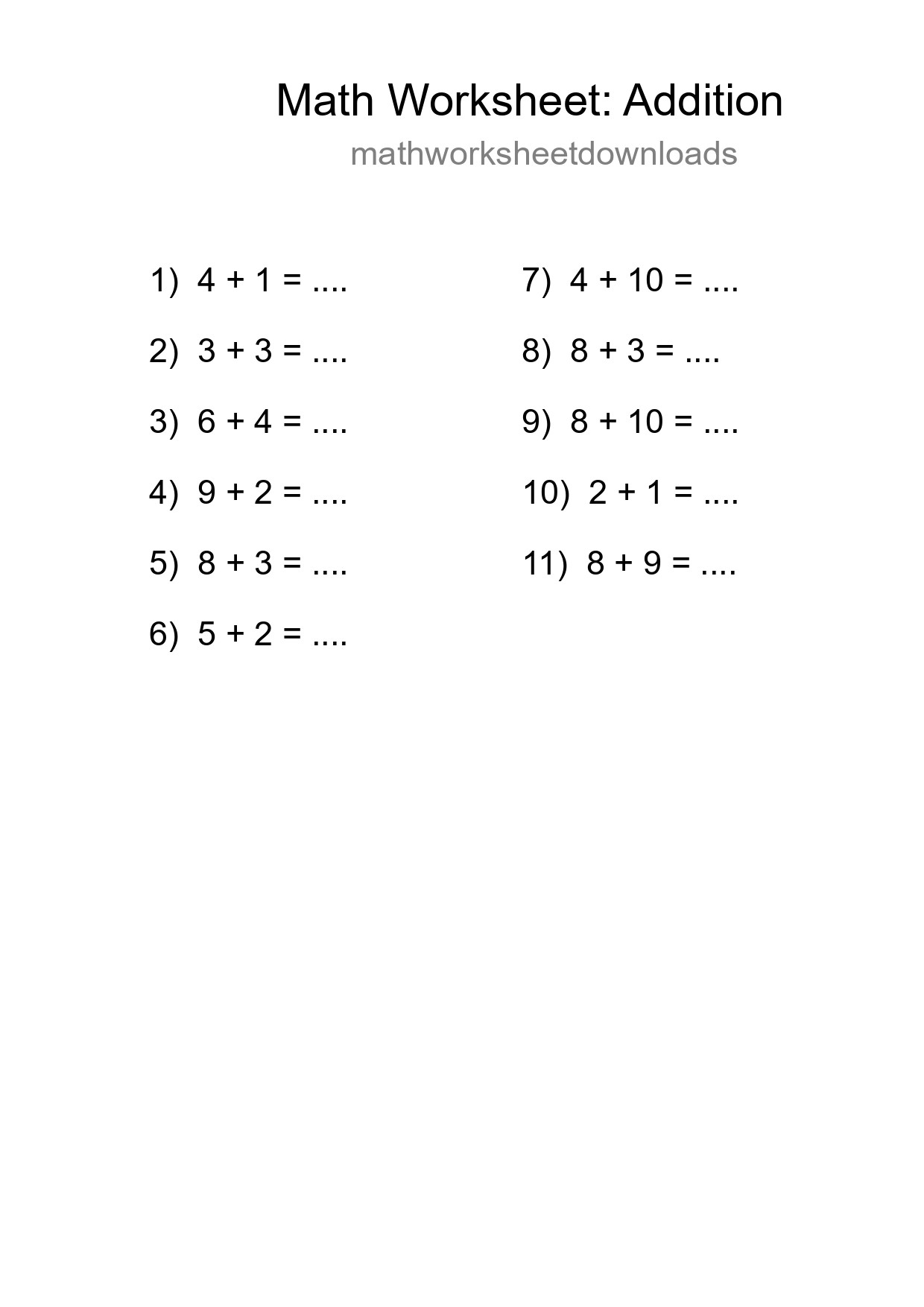 Printable Free 11 Addition Math Worksheet For Grade 1 - Part 45