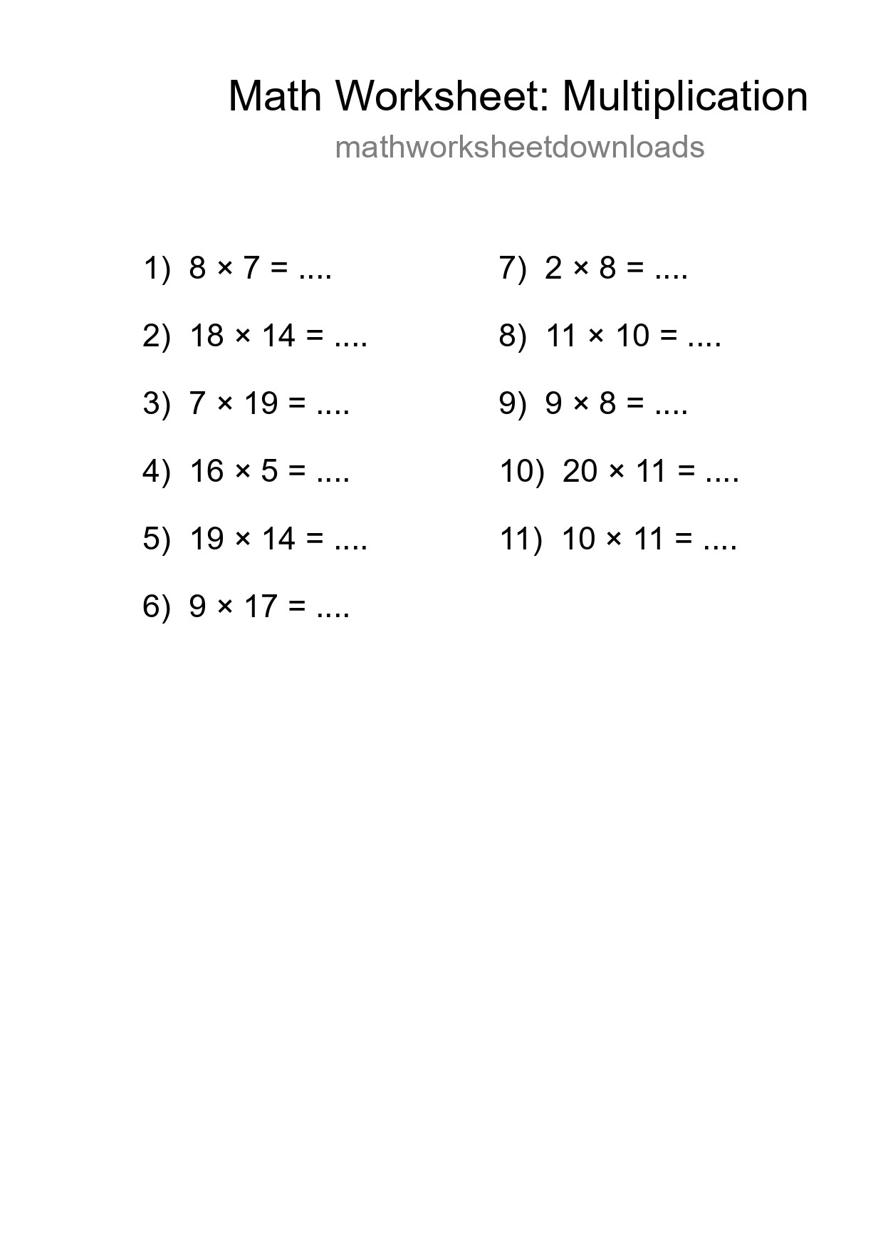 Printable Free 11 Multiplication Math Worksheet For Grade 2 - Part 128