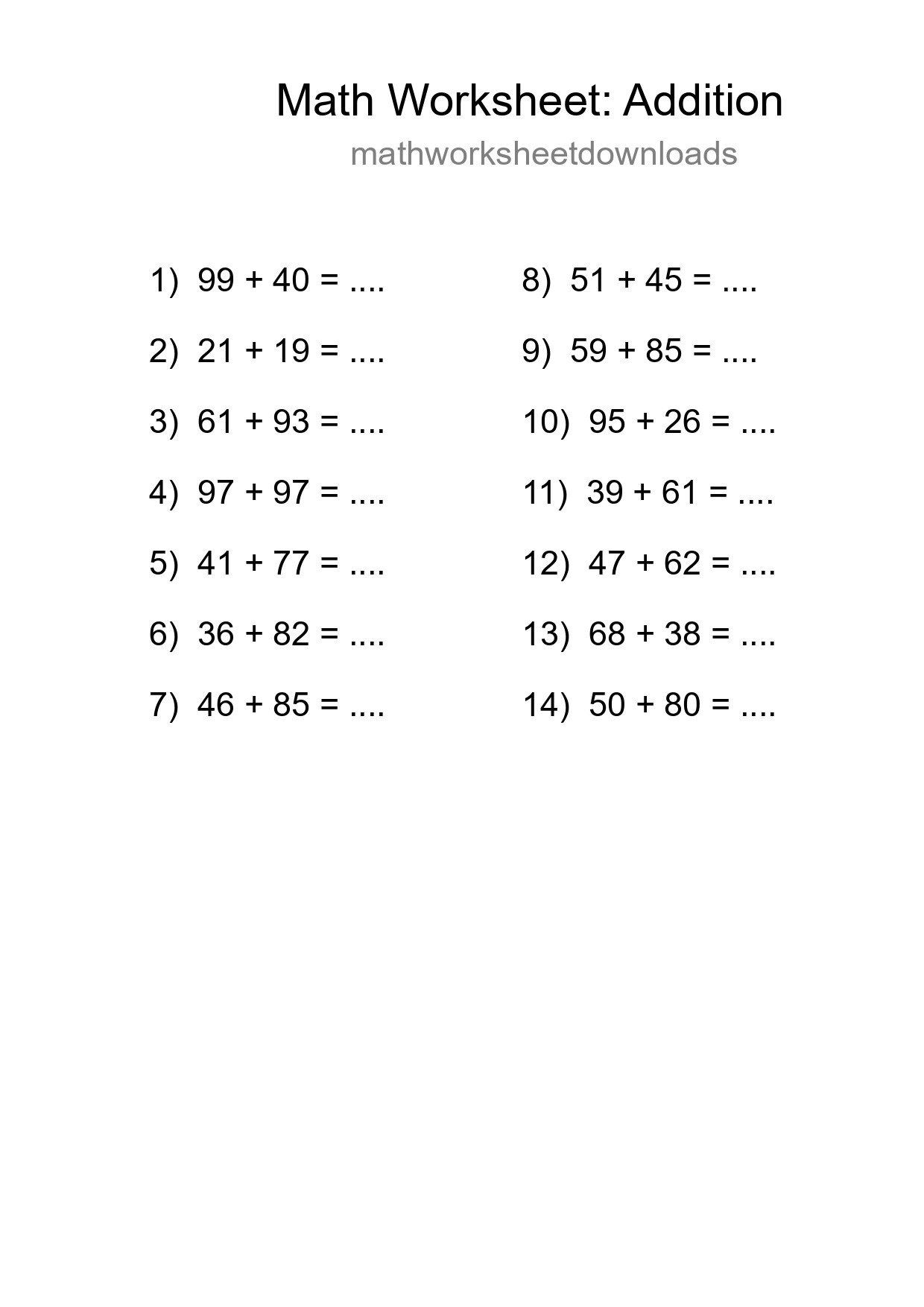 Printable Free 14 Addition Math Worksheet For Grade 3 - Part 133