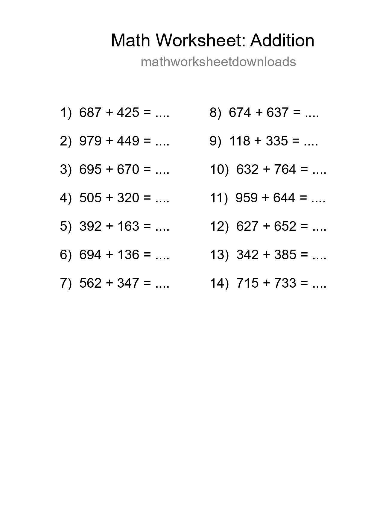 Printable Free 14 Addition Math Worksheet For Grade 5 - Part 67
