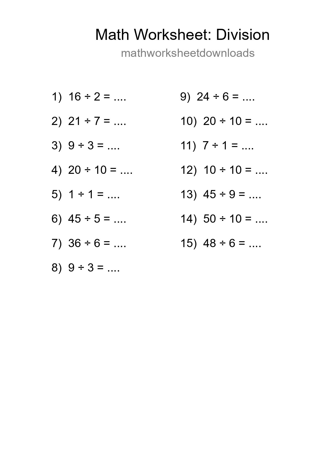 Printable Free 15 Division Math Worksheet For Grade 1 - Part 59