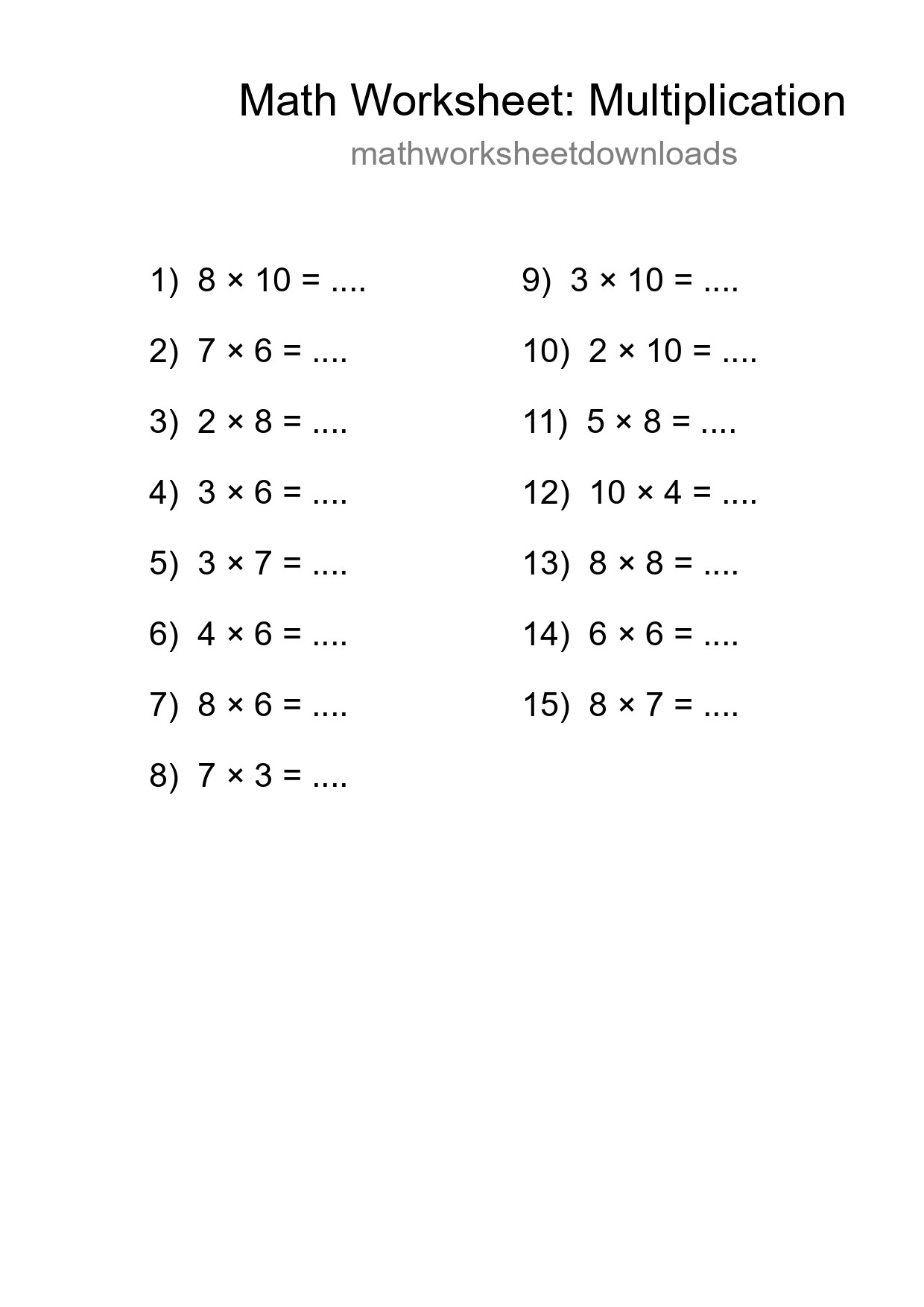 Printable Free 15 Multiplication Math Worksheet For Grade 1 - Part 84