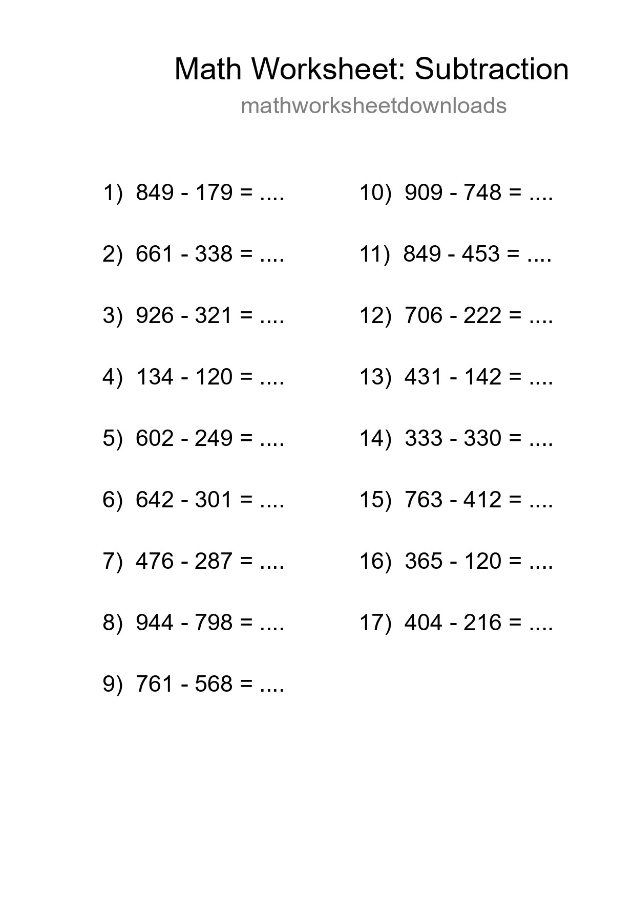 Printable Free 17 Subtraction Math Worksheet For Grade 5 - Part 129