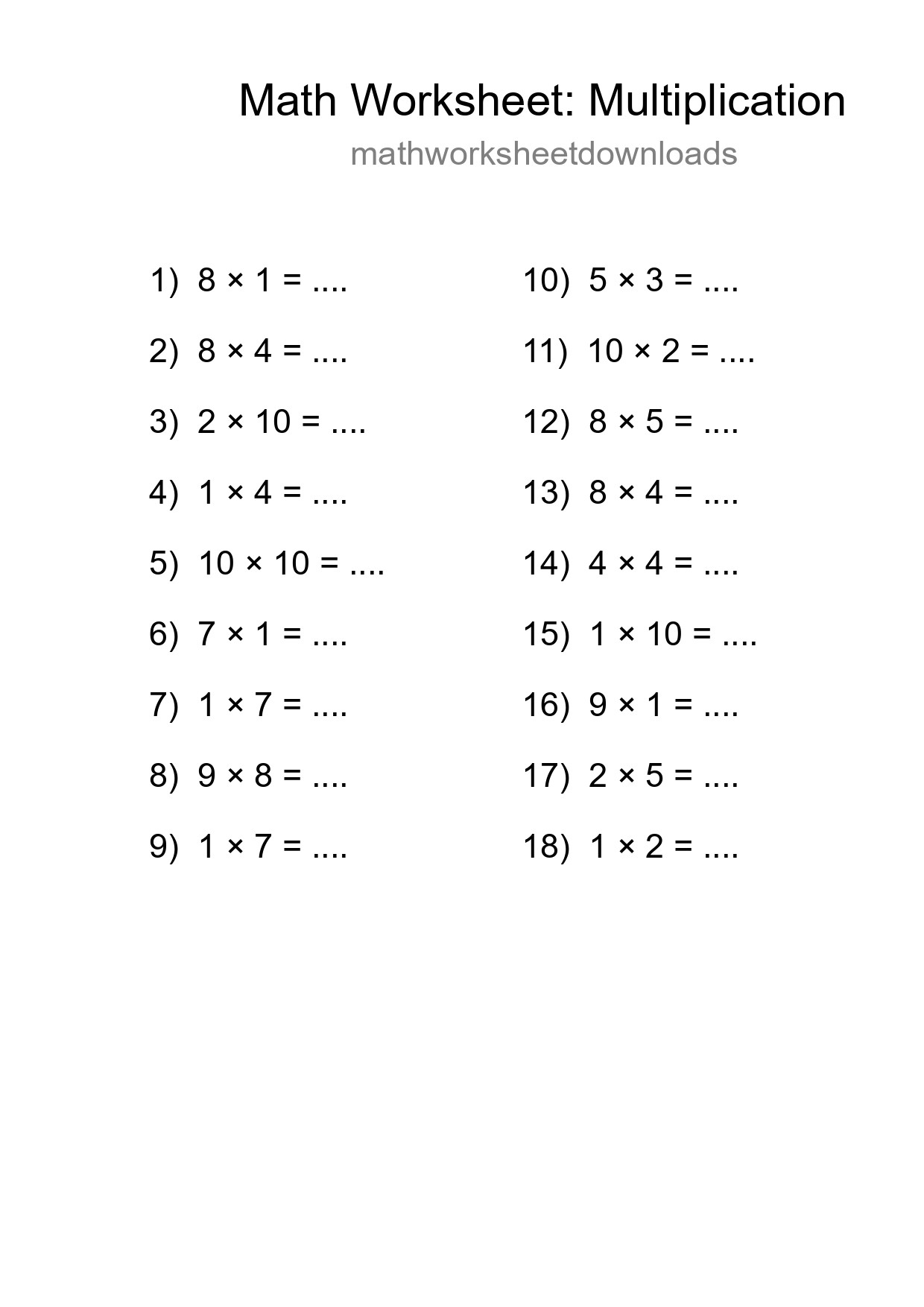 Printable Free 18 Multiplication Math Worksheet For Grade 1 - Part 293