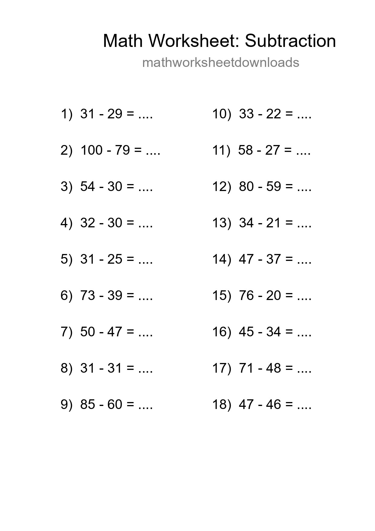 Printable Free 18 Subtraction Math Worksheet For Grade 3 - Part 184