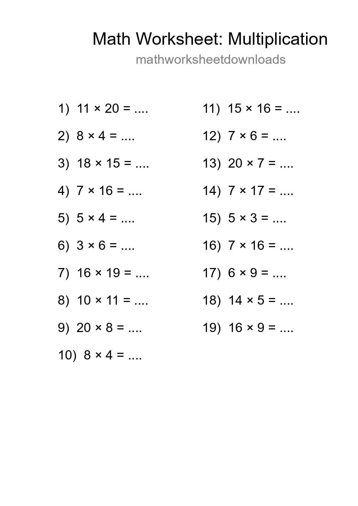 Printable Free 19 Multiplication Math Worksheet For Grade 2 - Part 183