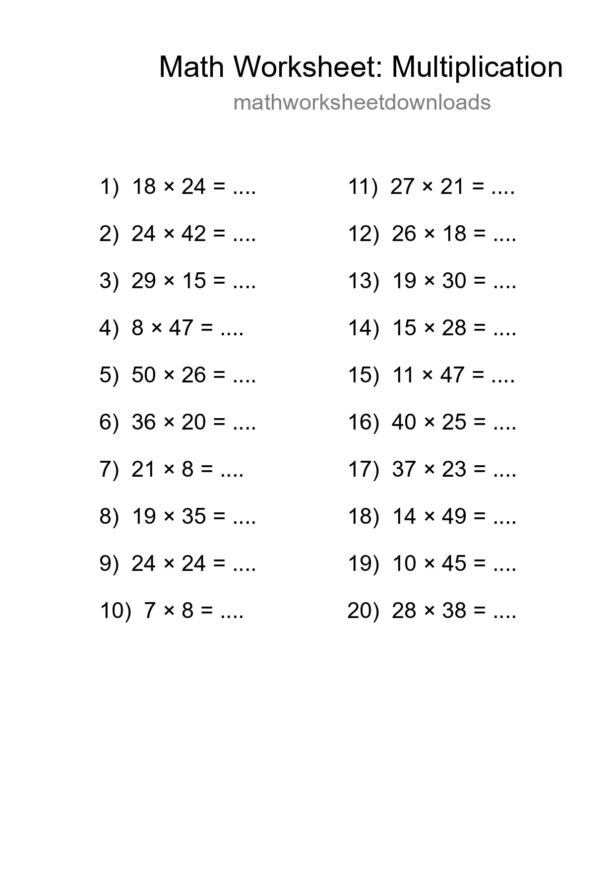 Printable Free 20 Multiplication Math Worksheet For Grade 2 - Part 271