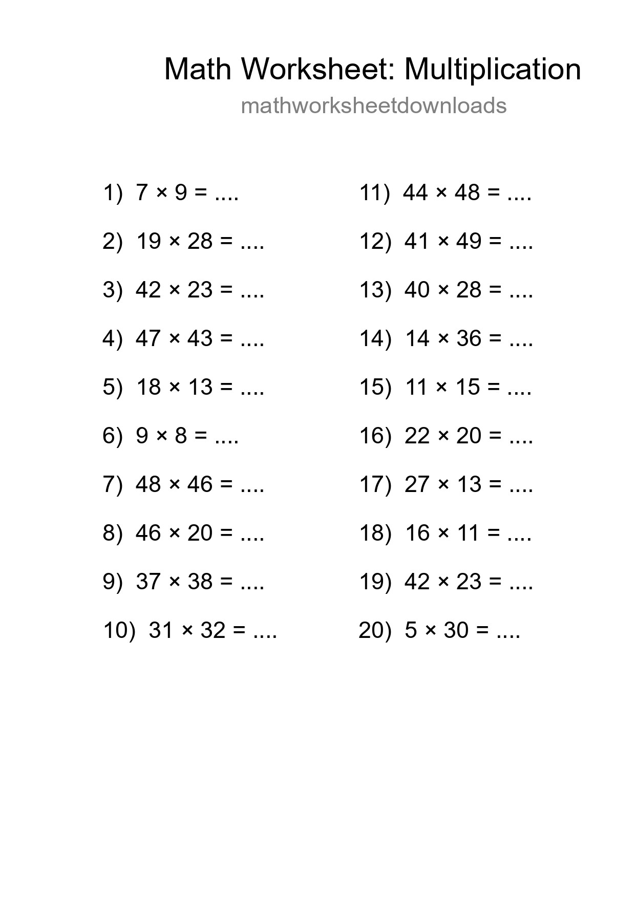 Printable Free 20 Multiplication Math Worksheet For Grade 2 - Part 29