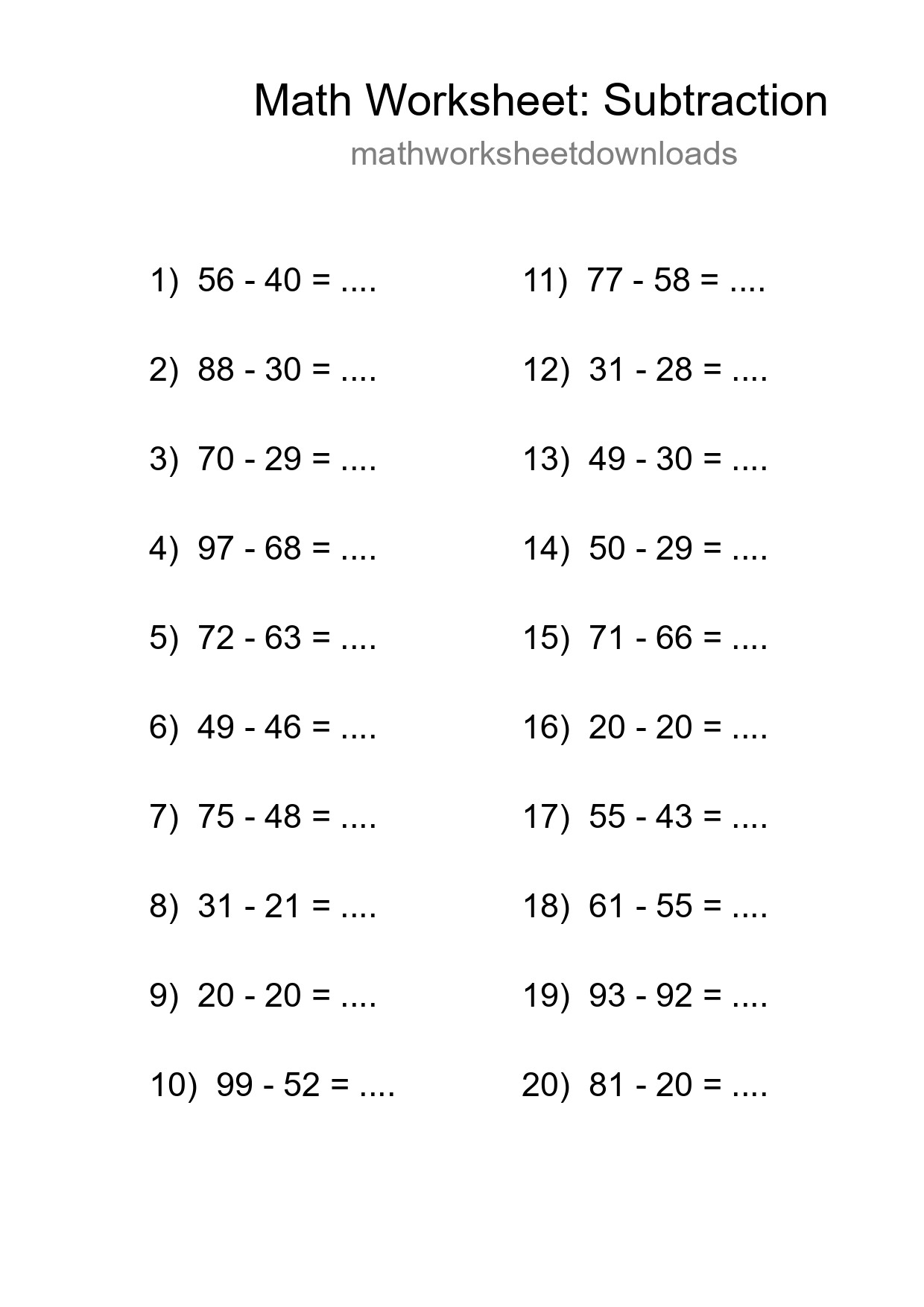 Printable Free 20 Subtraction Math Worksheet For Grade 3 - Part 228