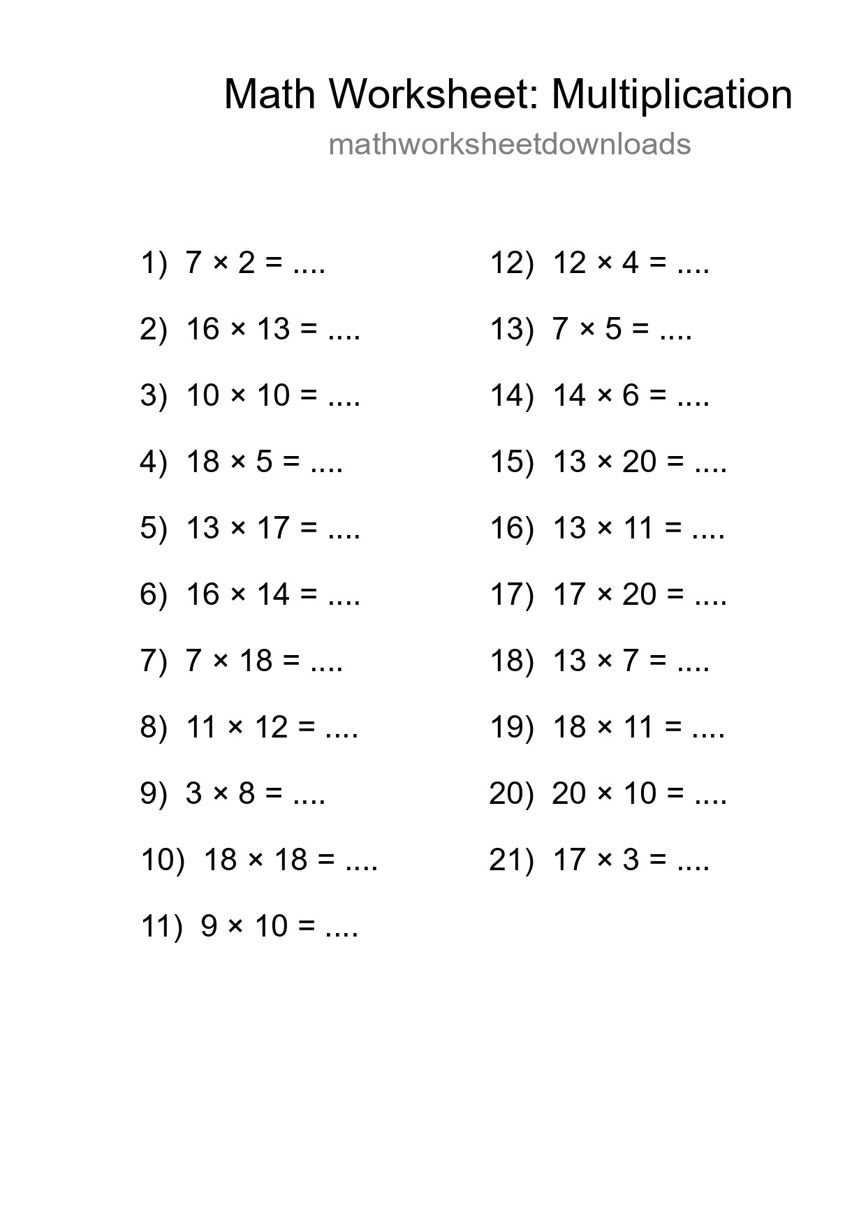 Printable Free 21 Multiplication Math Worksheet For Grade 2 - Part 216