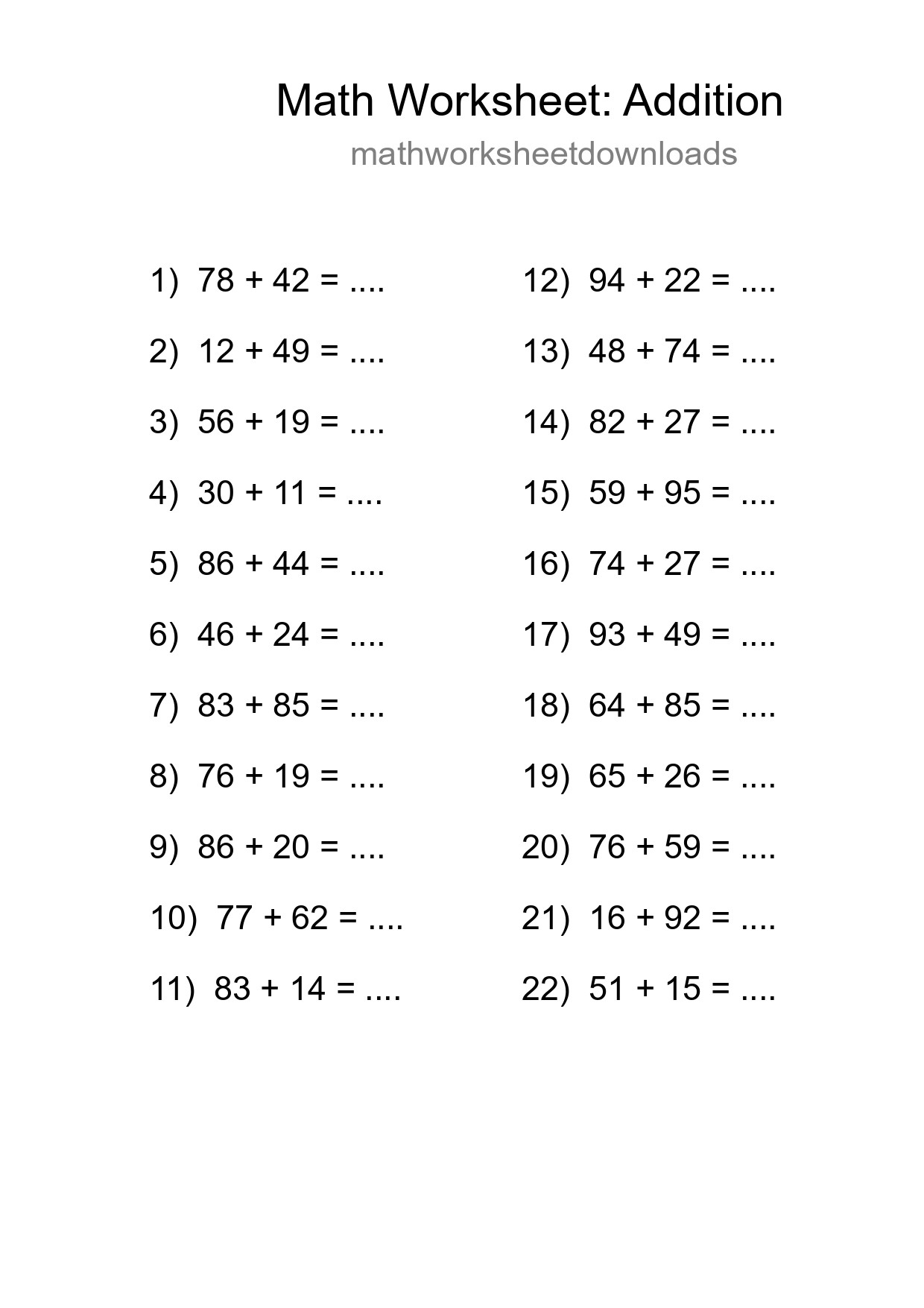 Printable Free 22 Addition Math Worksheet For Grade 3 - Part 232
