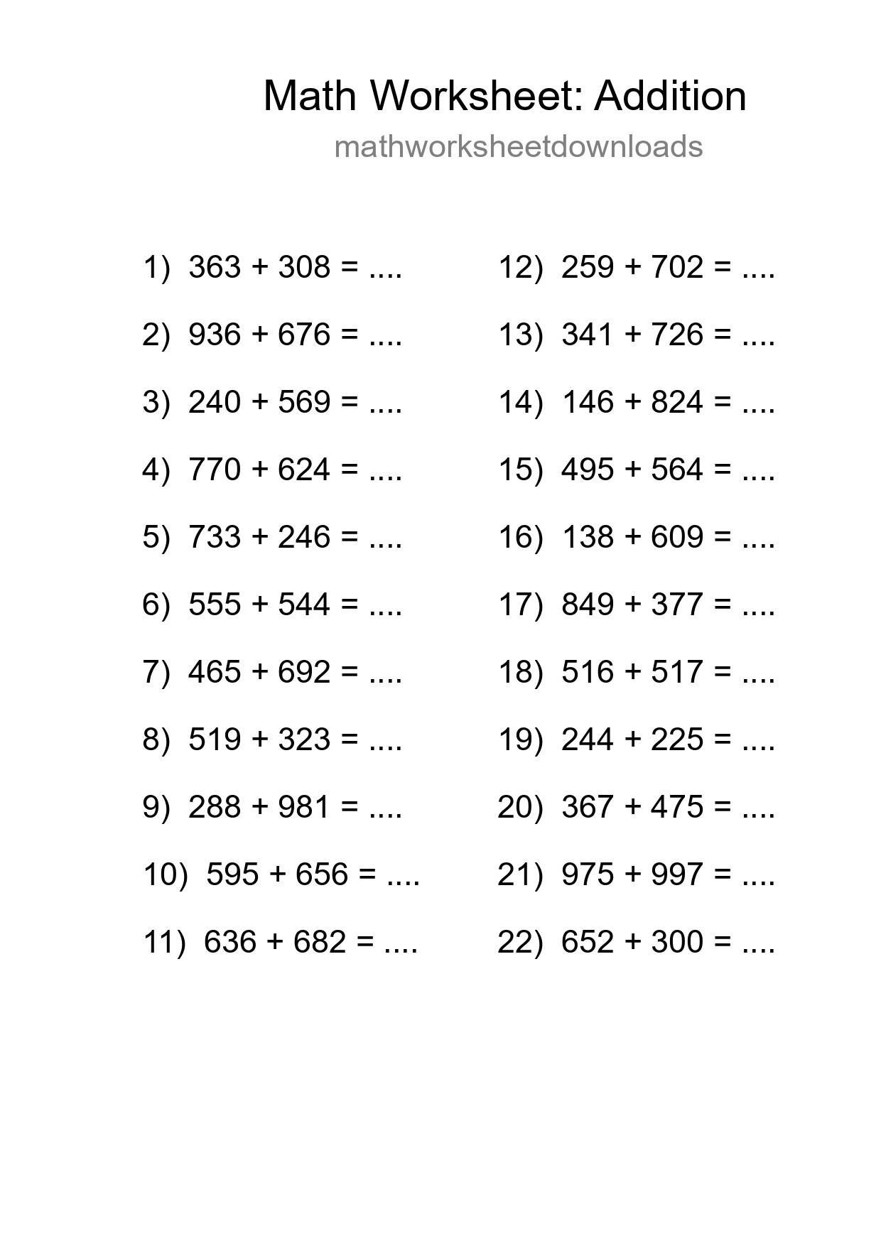 Printable Free 22 Addition Math Worksheet For Grade 5 - Part 89