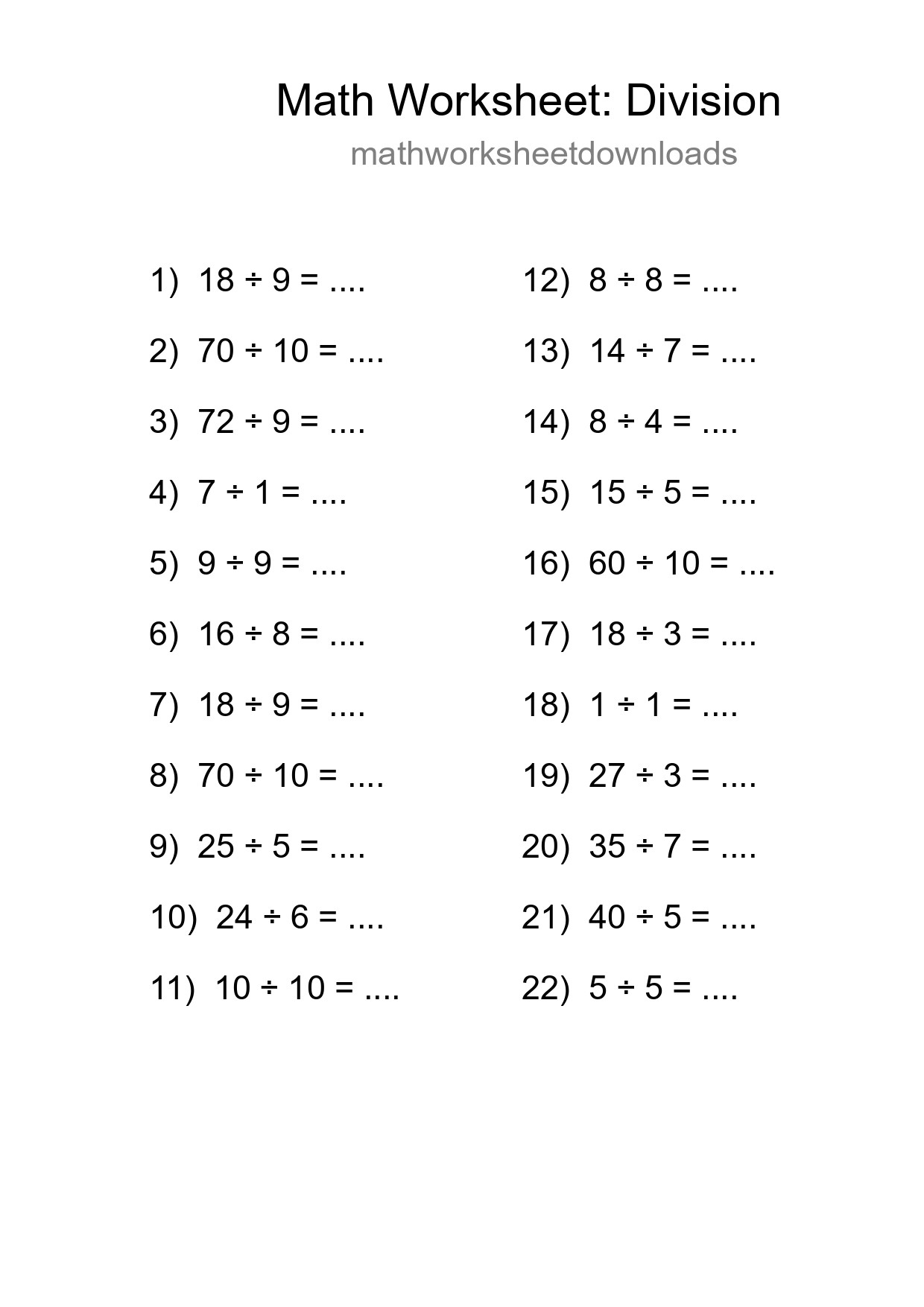 Printable Free 22 Division Math Worksheet For Grade 1 - Part 147