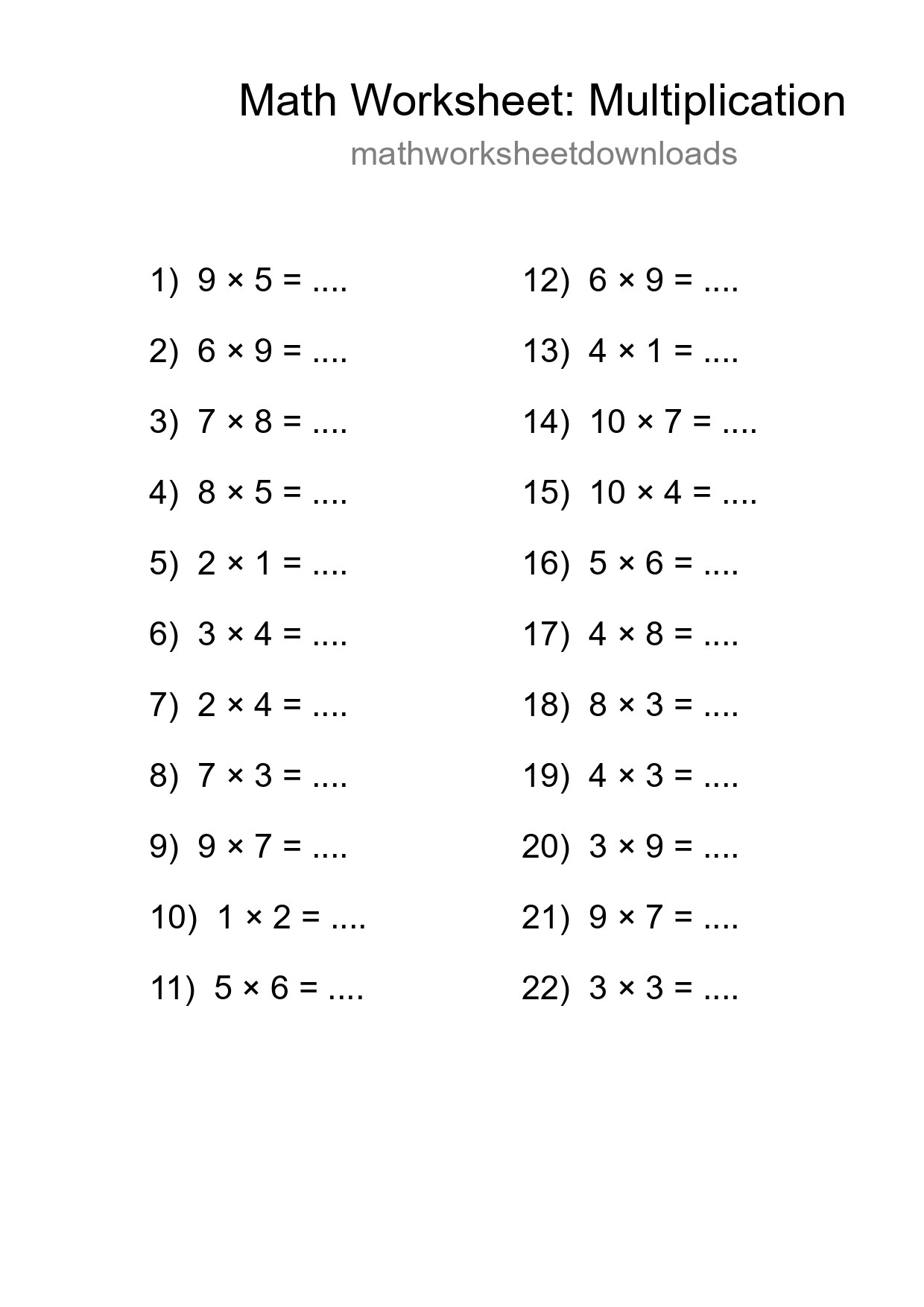 Printable Free 22 Multiplication Math Worksheet For Grade 1 - Part 40