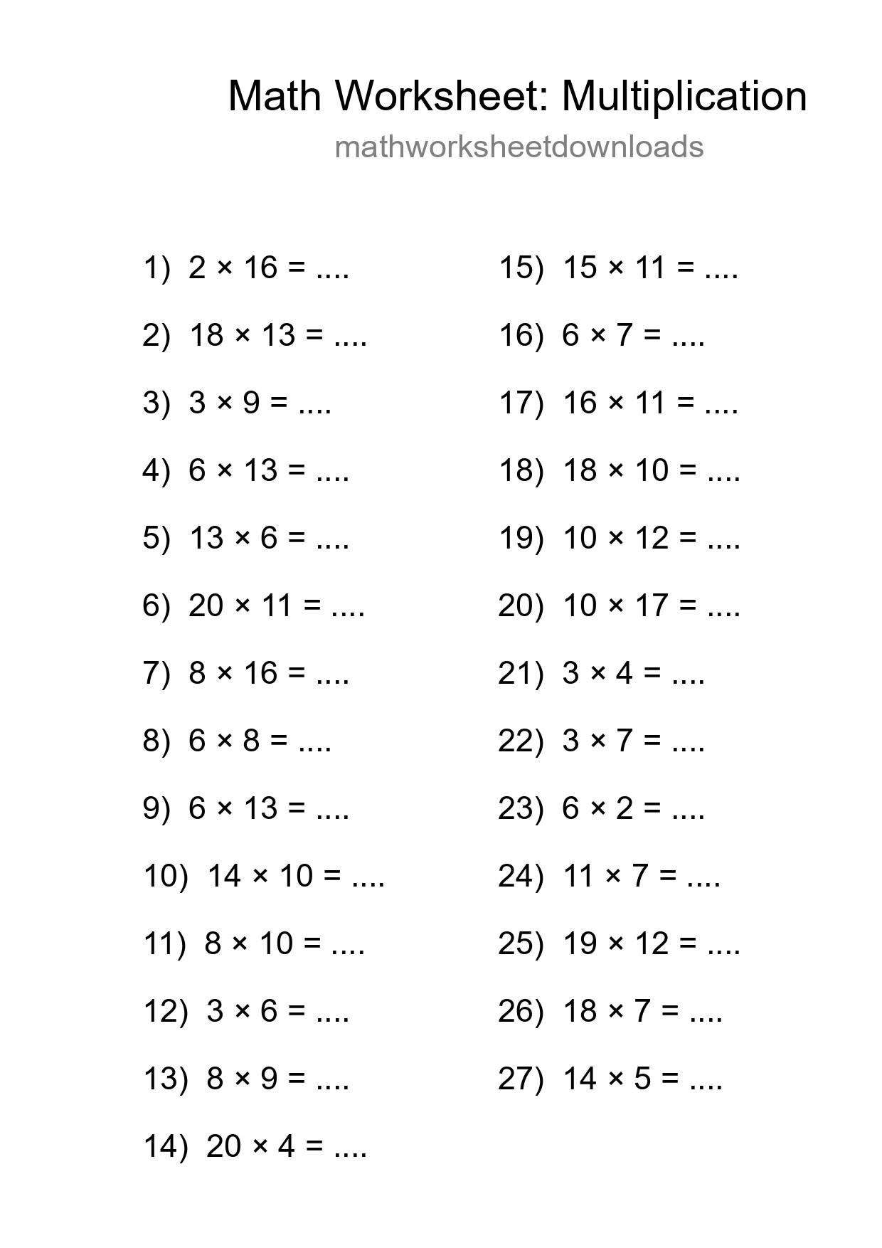 Printable Free 27 Multiplication Math Worksheet For Grade 2 - Part 106