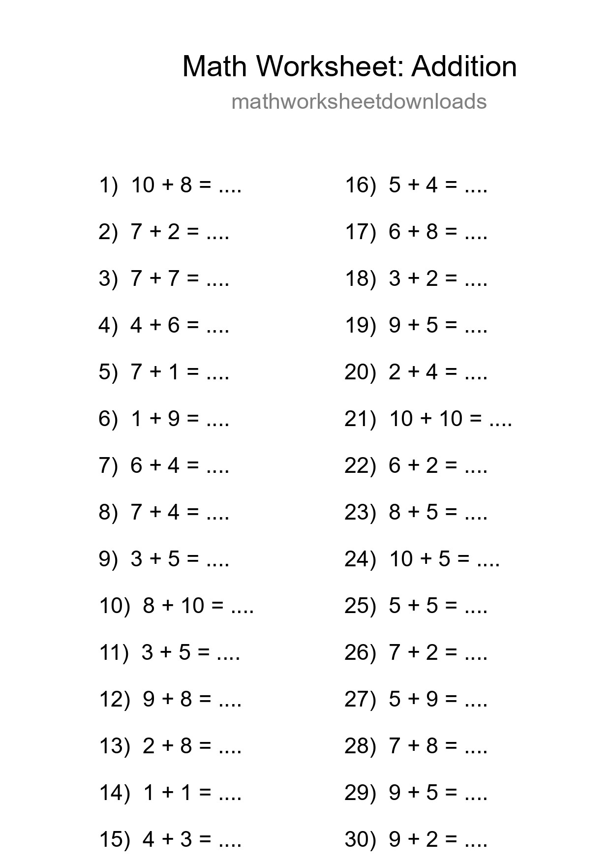Printable Free 30 Addition Math Worksheet For Grade 1 - Part 265